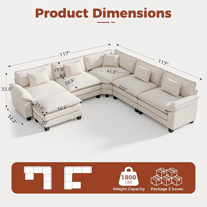 CDCASA 117 Oversized Modular Sectional Sofa with Corner Comfy V-Shaped Cloud Couch w/Ottoman 6-Seater Chenille Deep Seat Modern Sofa Couch for Living Room DIY Combination Beige