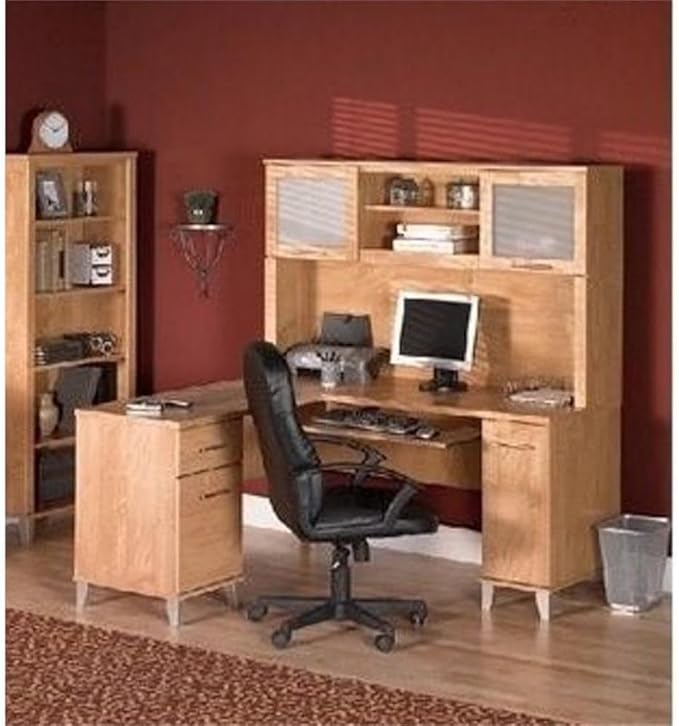 BOWERY HILL 71 L-Shaped Computer Desk Maple Cross Finish Wood Construction Double Pedestal Base Keyboard Tray File Drawer CPU Stand Flexible Configuration Rustic Home Office Desk