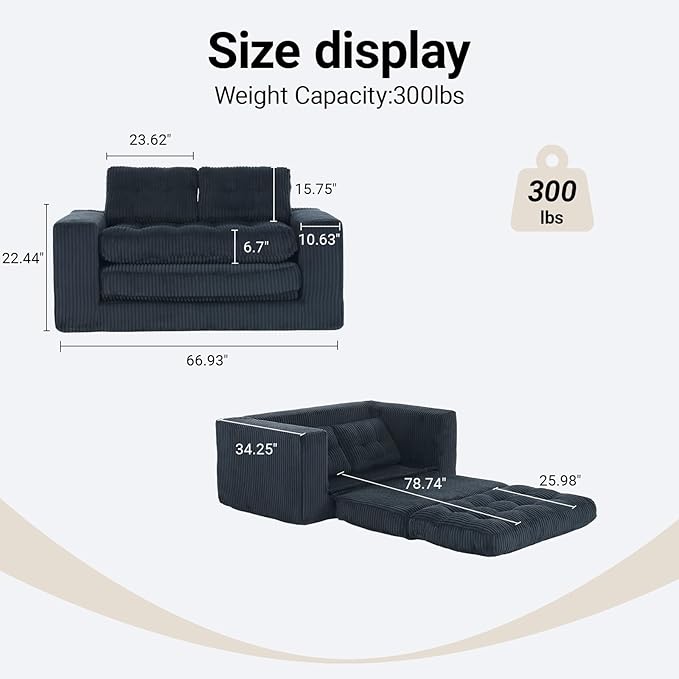 Fefances 66.93”Boneless Sofa Bed 2-in-1 Convertible Loveseat &amp Folding Futon Couch Small Space-Saving Design with Corduroy Fabric for Living Room Bedroom Studio Apartment - Black
