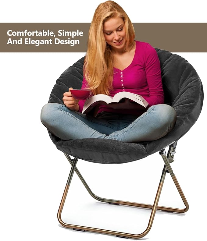 Cozy Saucer Chair Living Room Chair Faux Fur Soft Thick Padded Seat Metal Frame Folding Chair Comfortable Moon Chair for Living Room Bedroom Reading Nook Modern Style 2 Pack Black