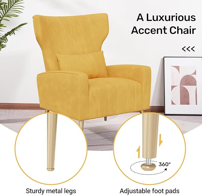 Velvet Accent Chair Set of 2Wingback for Living Room High Back Arm Chair with Golden Legs Lumbar Pillow Upholstered Single Sofa Bedroom Yellow