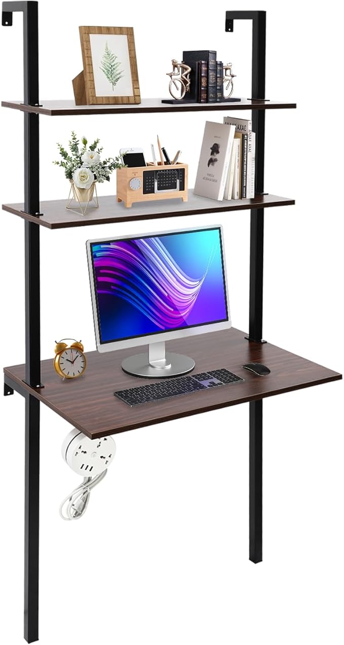 2-Shelf Wall Mount Desk Laptop Desk with Shelves Modern Computer Writing Table with Power Strip for Work Platform Ladder Desk Shelf Desk Industrial Desk 72 Inch Height Brown Black