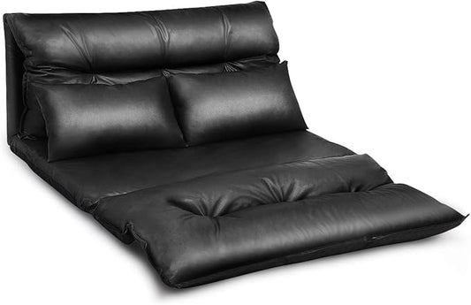 Giantex Convertible Sofa Bed Floor Couch with 2 Pillows PU Leather Loveseat Recliner Folding Lazy Sleeper Sofa 5 Position Video Gaming Sofa Mattress for Reading Living Room Bedroom