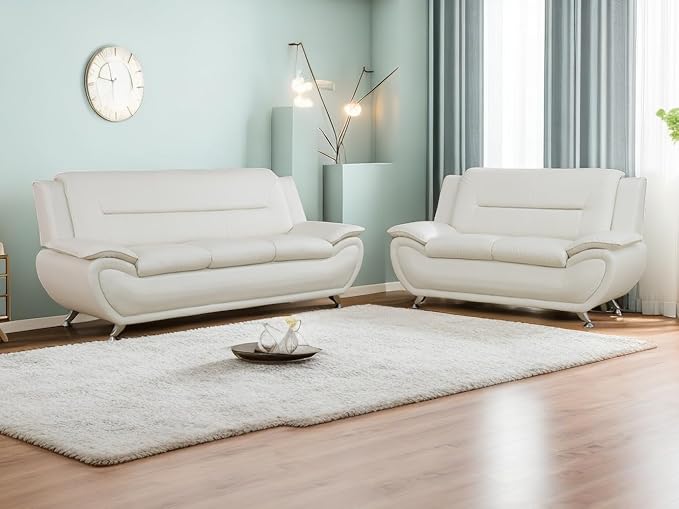 Leather 2 Piece Sofa Set Sectional Couch Modern Sofa for Living Room Bedroom - B-Creamy White