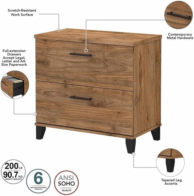 Pemberly Row 2 Drawer Lateral File Cabinet 30W x 17D x 29H Engineered Wood Fresh Walnut Finish Full-Extension Ball Bearing Slides Transitional Tapered Leg Design Home Office Document Storage
