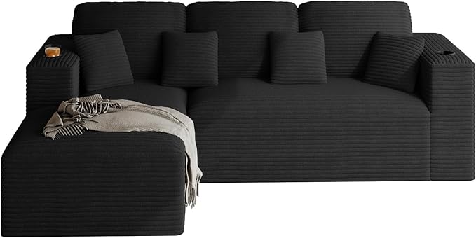 110 Modular Sectional Sofa Cloud Couch Modern Deep Seat Fluffy Corduroy Boneless Couch with Cup Holder Comfy L Shaped Sectional Couches for Living Room Bedroom. (Left Facing Black)