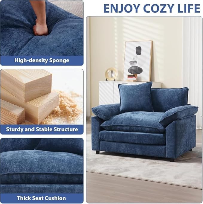 120 Sectional Sofa Chenille Fabric with Pillows and Cushion3 Seat Modern Sofa Couch for Living Room BedroomBlue