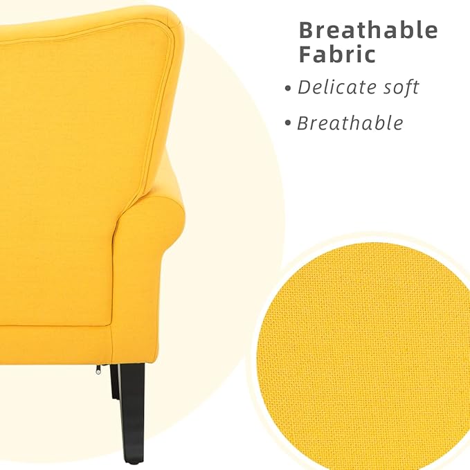 YOLENY Modern Accent ChairHigh Back ArmchairUpholstered Fabric Button Single Sofa with Wooden Legs for Living RoomBedroomClubYellow