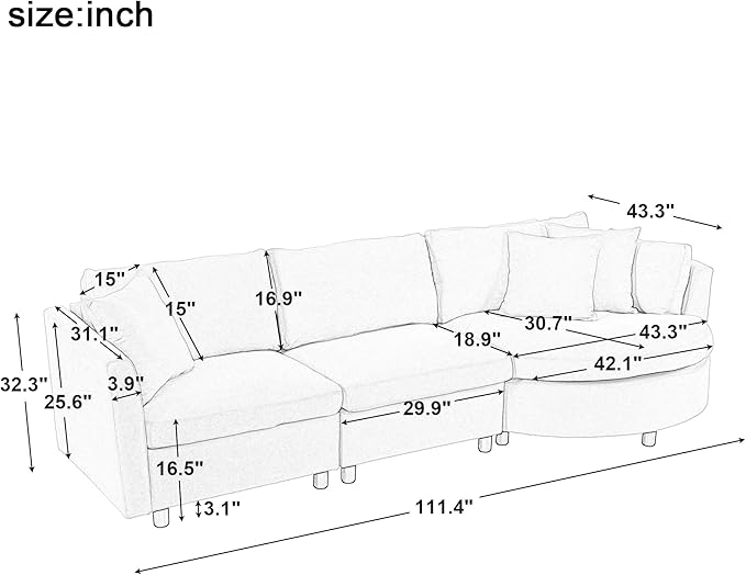 ERYE L-Shaped Right Facing Sectional Sofa Oversized Chenille Upholstered Corner Couch W/Curved Chaise Seat and 3 Toss Pillows Modern L-Shaped Sofa Couches for Living Room