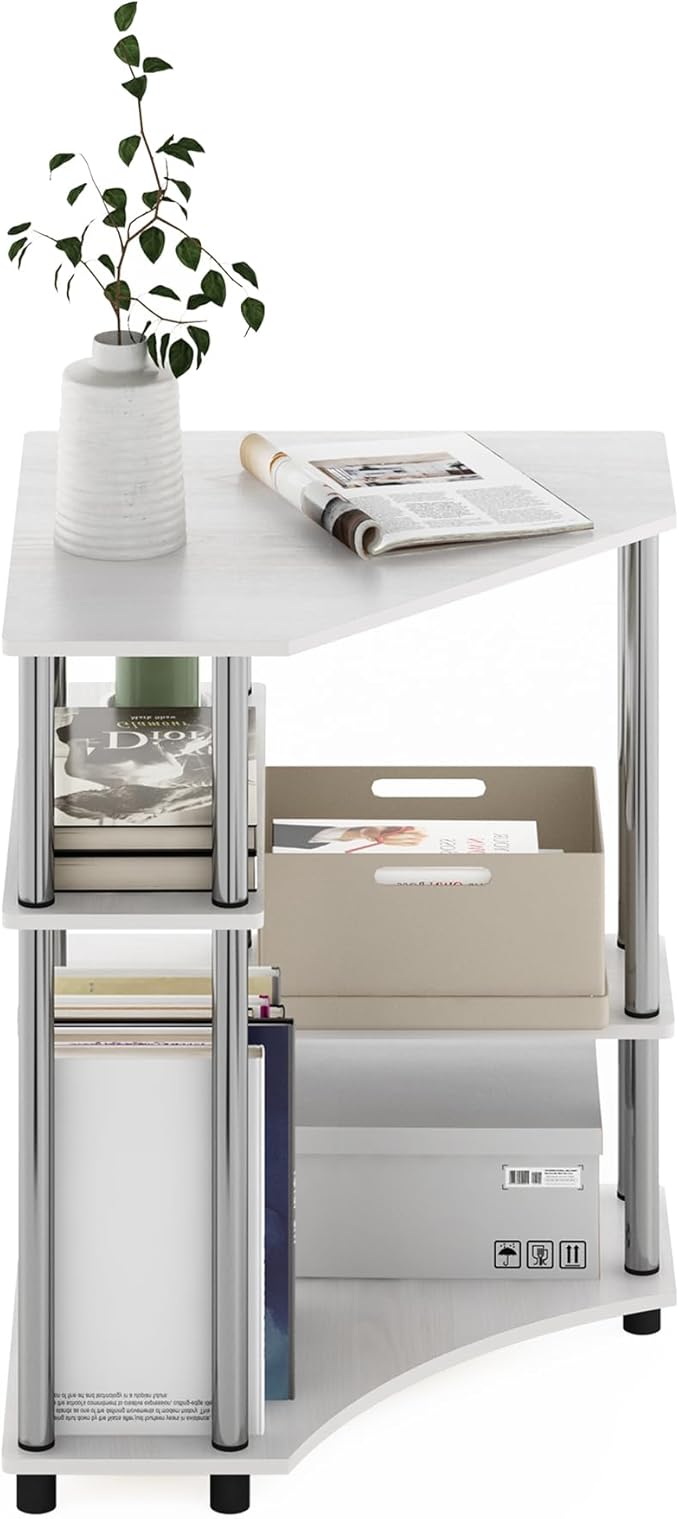 Furinno TURN-N-TUBE Desk Corner Gaming Desk with Storage Shelves Corner Computer Desk Office Desk for Home Office Bedroom White Oak/Stainless Steel Tubes