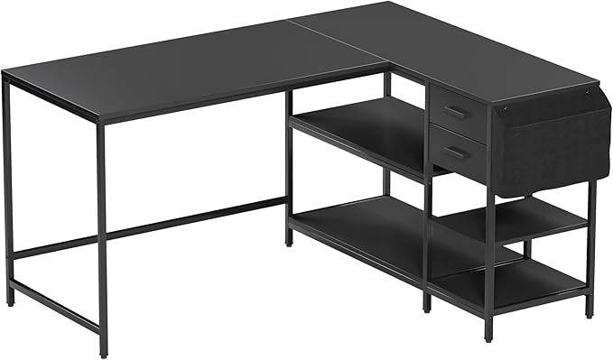 Techni Mobili Modern L-Shaped Desk with Storage Corner Computer Desk for Home &amp Office with 2 Drawers Open Storage Shelves Fabric Organizer &amp Sturdy Metal Frame Black