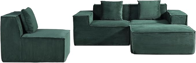Harper Convertible Corduroy Sectional Couch with Ottoman &amp Pillows Modular L Shaped Sleeper Sofa Boneless Cloud Couch for Living Room Furniture Dark Green