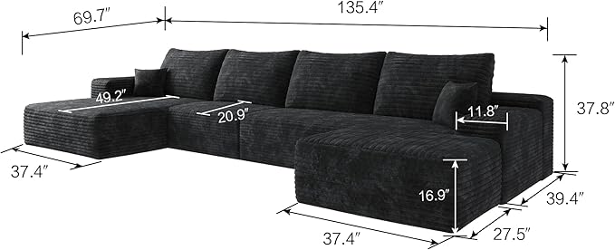 Eafurn Oversized Modular Sectional Sofa Couch with Movable OttomanPlush Corduroy Convertible U/L Shaped Boneless Couch with Left Facing ChaiseDeep Seat High-Density Foam Floor Sofa for Living Room