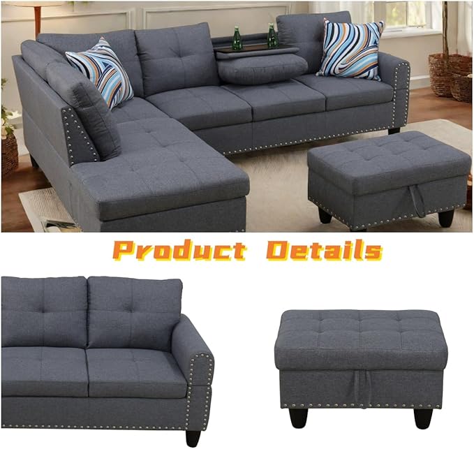 FONTOI L Shaped Sectional Couch with Otttoman 97 Leather Sectional Sofa for Living Room Modular Couches with Cup Holders for Bedroom Apartments Grey