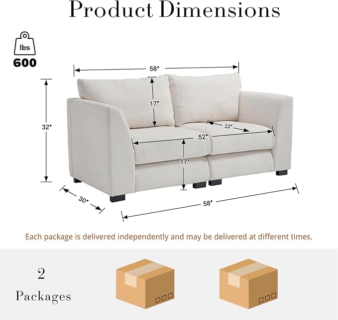 HEAH-YO 58 Inch Loveseat Sofa 2-Seater Sectional Couch with High Density Foam Small Cloud Couch for Living Room Linen White