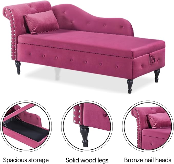 60 Modern Velvet Chaise Lounge IndoorUpholstered Lounge Chair with Left Armrest and Lumbar Pillow Button Tufted Lounge Sofa for Living Room Bedroom OfficeMini Chaise Longue Sofa (Burgundy)