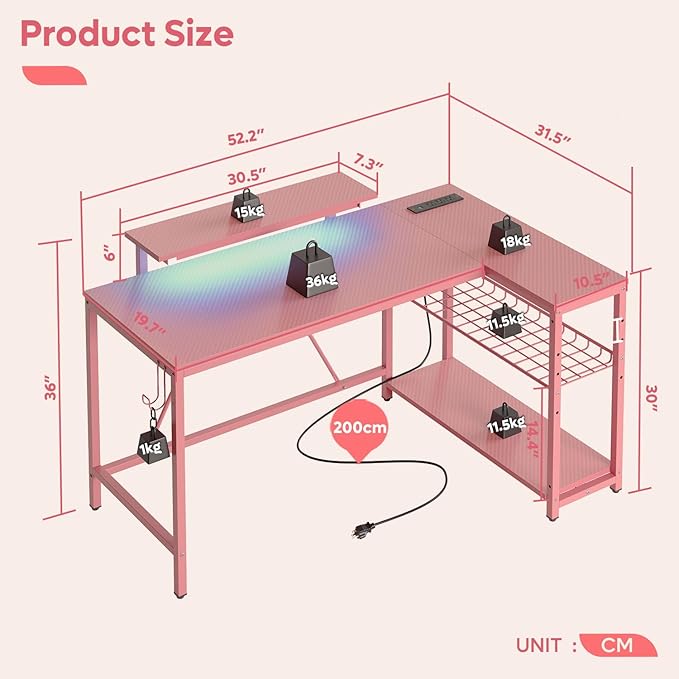 Bestier 52 Gaming Desk with Integrated Power Outlet &amp USB Ports L-Shaped Computer Desk with LED Strip &amp Headphone Hooks Perfect for Home Office Pink