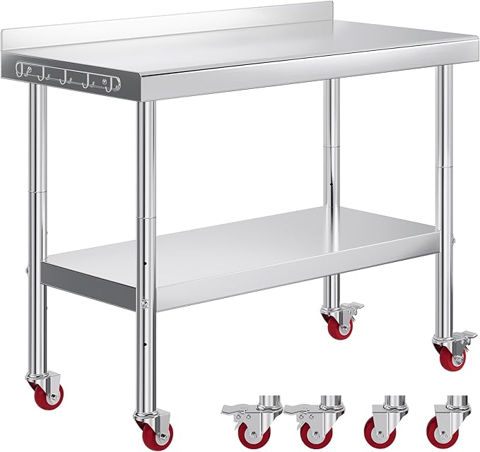 Jocisland 24 x 48 Stainless Steel Table for Prep &amp Work NSF Certified with Backsplash and Wheels Adjustable Under Shelf &amp Safe Design for Restaurant Home and Outdoor