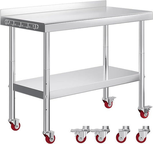 Jocisland 24 x 48 Stainless Steel Table for Prep &amp Work NSF Certified with Backsplash and Wheels Adjustable Under Shelf &amp Safe Design for Restaurant Home and Outdoor