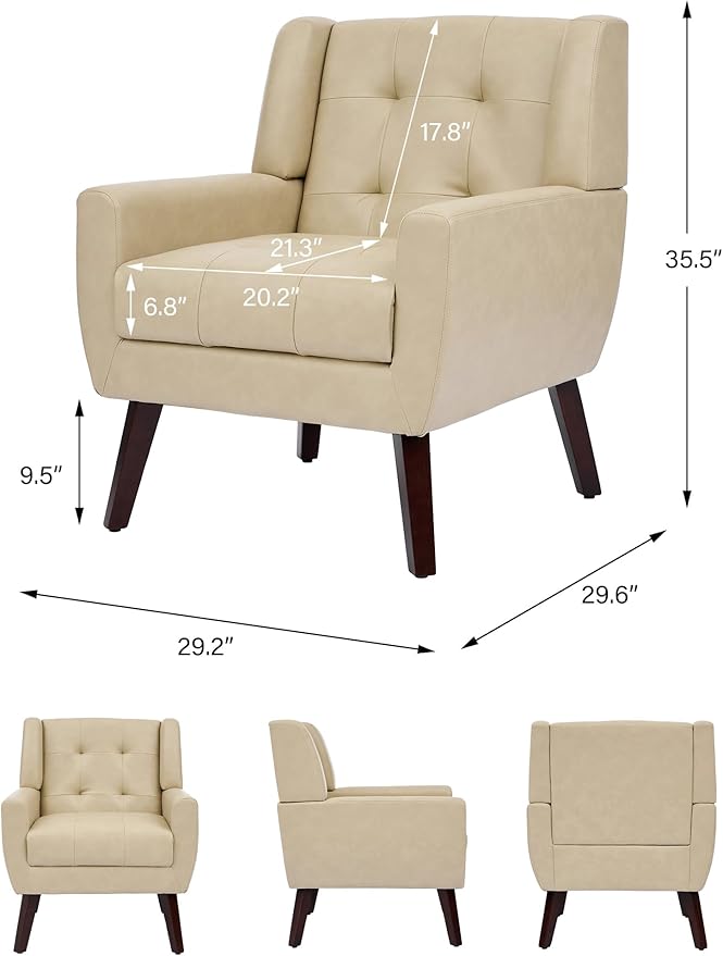 Accent Chair Comfy Mid Century Modern Small Armchairs with Solid Wood Frame and Soft Cushion for Living Room Bedroom (Faux Leather Cream Set of 1)