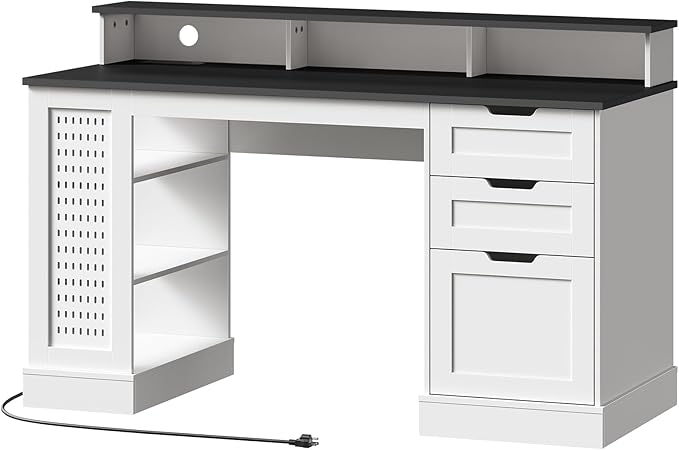 55-Inch Farmhouse Executive Desk with 2 Drawers and File Cabinet Computer Desk with 3-Tier Storage Shelves Home Office Desk with Charging Station Pegboard and Monitor Shelf White and Black