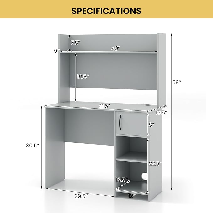 COSTWAY Computer Desk with Hutch Home Office Desk with Adjustable Shelf Modern Writing Table PC Desk with CPU Stand &amp Door Cabinet 2 Cable Management Holes Workstation for Bedroom Study Off