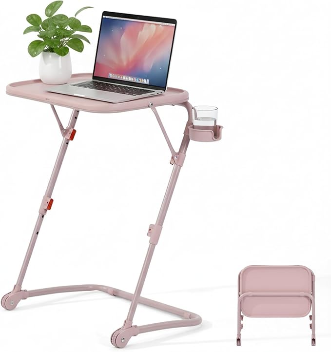 Homy Casa Adjustable Z Shaped Study Desk with Cup Holder Space Saving Portable Laptop Foldable Table for Home Office Living Room &amp Bedroom Sturdy Metal Frame &amp PP Top Black (1PC-Pink)