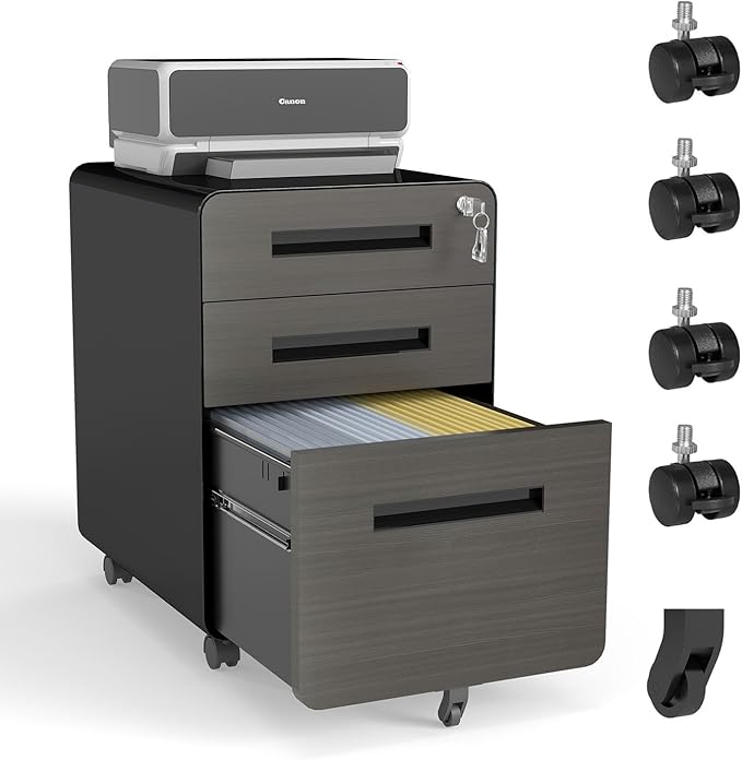 3 Drawer Mobile File Cabinet with LockUnder Desk Metal Filing Cabinets for Home Office Organizer Letters/Legal/A4 Fully Assembled (Black)