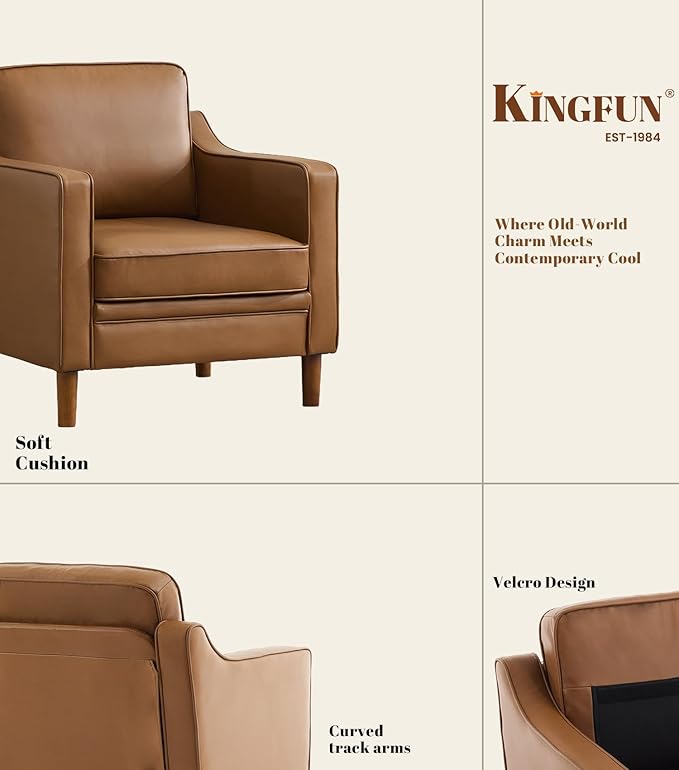 Kingfun Accent Chair Living Room Chairs Faux Leather Reading Armchair Mid Century with Solid Wood Foot Upholstered Modern Decor for Bedroom Apartment Brown