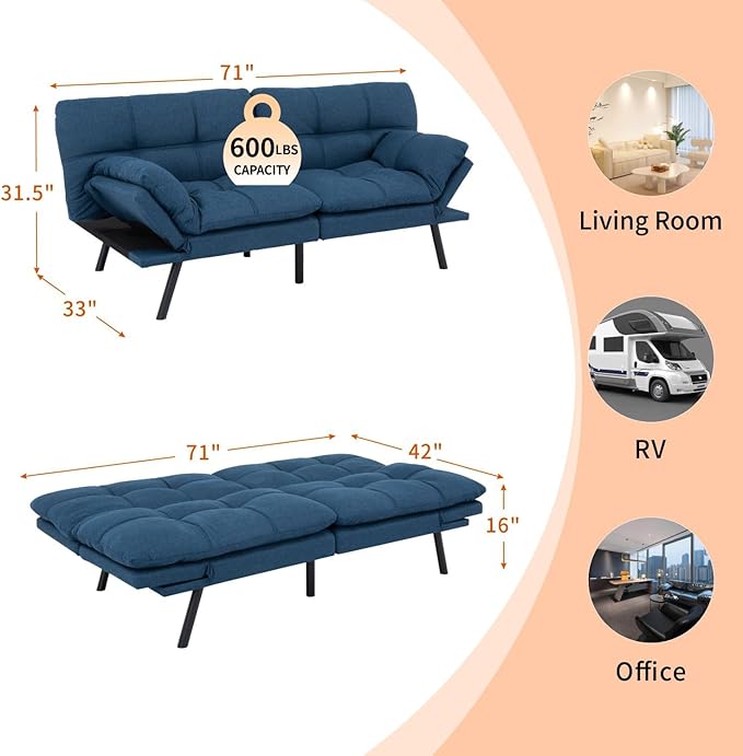 MUUEGM Futon Sofa Bed 71 Convertible Memory Foam Royal Blue Futon Couch Bed Modern Loveseat Sleeper with Adjustable Backrests Armrests for Living RoomSmall SpaceOffice