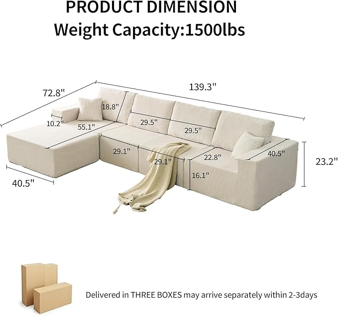 Boneless Cloud Sectional Couch for Living Room Compressed Modular L-Shaped Sofa with Deep Seat Frameless Corduroy Couch in Boxes No Assembly Required Beige Middle