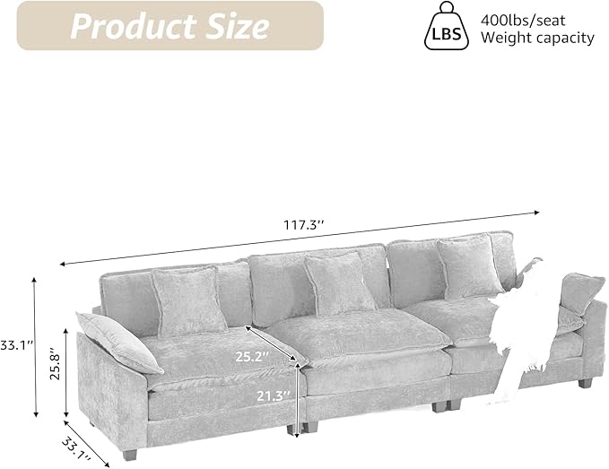 117.9 Modern Cozy Sectional Couches for Living Room Blue Chenille Comfy Cloud Couch Sectional 3 Seater Couch for Living Room Sofas para Sala I Shaped Sofas &amp Couches (Blue 3+0 Set)