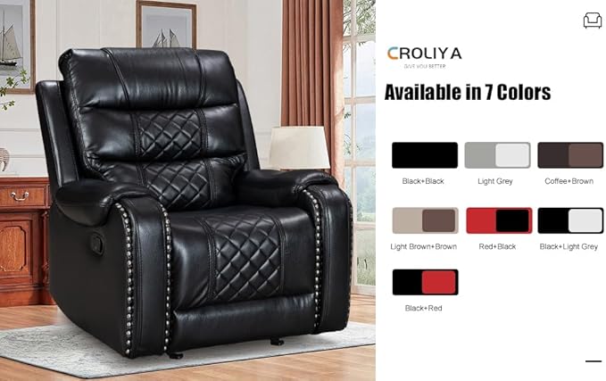 Manual Rocking Recliner Chair 36 Wide Black PU Leather with Diamond Stitching 350 lbs Capacity 90-165° Recline (Black)