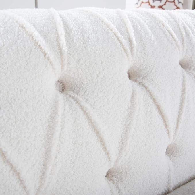 84 Modern Chesterfield Fabric Couch Rolled Arm Tufted Back 3 Seater Sofa Upholstery Nailhead Trim Couches for Living Room Office (White)