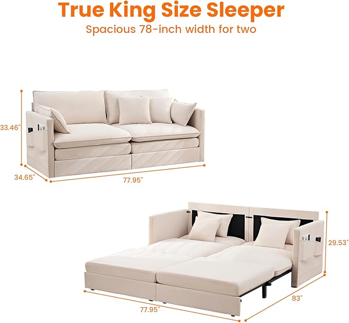 CECER 78 King Size Pull Out Sofa BedIce Velvet Pull Out Couch with Side Pocket3-in-1 Convertible Sleeper Sofa with 4 Pillows for Small Space/Living Room/Bedroom（Beige）