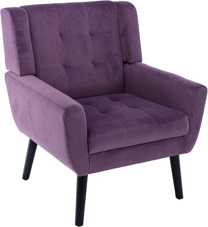 Dolonm Midcentury Modern Velvet Accent Chair with Arms Upholstered Reading Side Chair Tufted Back Decorative Wingback Chair for Living Room Bedroom (Lavender Purple)
