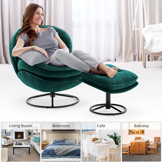 Velvet Swivel Accent Chair with Ottoman Set Modern Lounge Chair with Metal Base Frame &amp Footrest Comfortable Single Leisure Sofa Chair Reading Chair with 360 Degree Swiveling for Living Room Gr