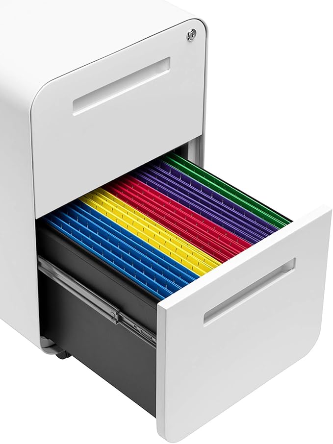 Laura Davidson Furniture Stockpile 2 Drawer Mobile File Cabinet with Lock - Under Desk Metal Filing Cabinet Legal/Letter File Folders Wheels and Stationary Feet Pre-Assembled White