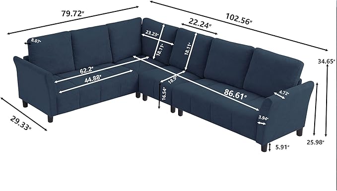 102 L Shape Sectional Couch6 Seat Convertible Modern Corner Sofa Sectional with Removable Covers for Living Room Blue