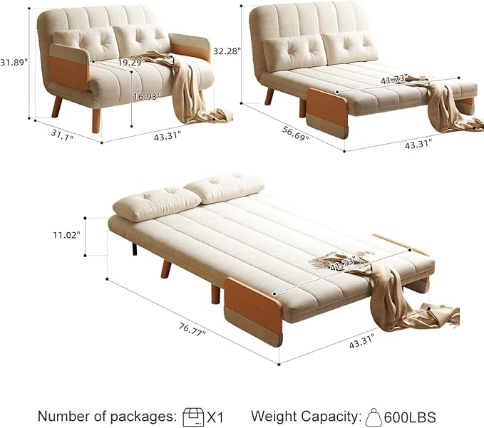 Convertible Lounger Fold-Out Sofa Bed 3-in-1 Sleeper SofaAdjustable Backrest Modern-Style Sofa for Small Spaces Bedrooms &amp Offices(Beige43.31)