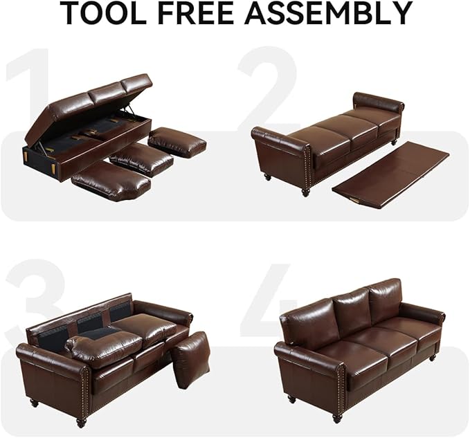 80 Faux Leather Sofa with Storage Mid-Century Modern Rolled Arm Couches for Living Room Furniture Nailhead Trim Easy Tool-Free Assembly Dark Brown