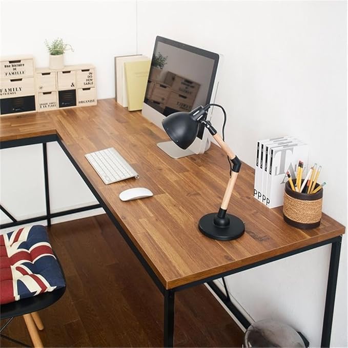Pemberly Row Contemporary Corner Desk 63 x 55.1 Composite Wood and Metal Acacia/Black Finish Scratch and Heat Resistant Home Office Desk with Spacious Tabletop