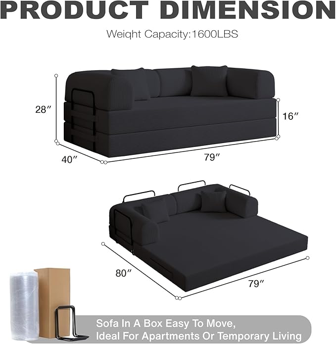 79'' Folding Sofa Bed 5-in-1 Convertible Sofa Bed BonelessComfy Foldable Foam Couch with Pillow Modular Floor Couch for Living RoomBedroomLounge - Corduroy Black