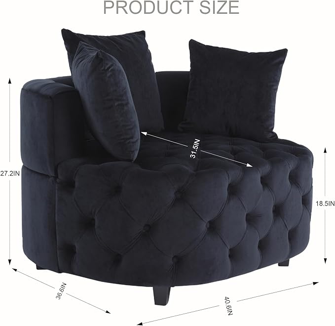 Round Accent Chair 40” Modern Velvet Sofa Chair with 3 Pillows Comfy Upholstered Tufted Club Lounge Chair for Living Room Bedroom Black