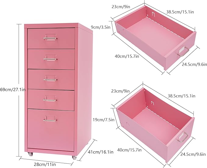 5 Drawer Rolling File Cabinet Metal Vertical File Storage Cabinet w/Index Label 27” Mobile Underdesk Chest for Files Documents Literature Storage Cabinet on Wheels for Home Office Pink
