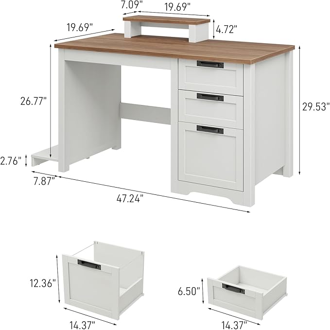 Farmhouse 47.2” Computer Desk with Adjustable File Drawer 3 Drawers Reversible Executive Desk with PC Case Stand &amp Movable Monitor Stand  Workstation for Home Office Writing Study(Unique Whit