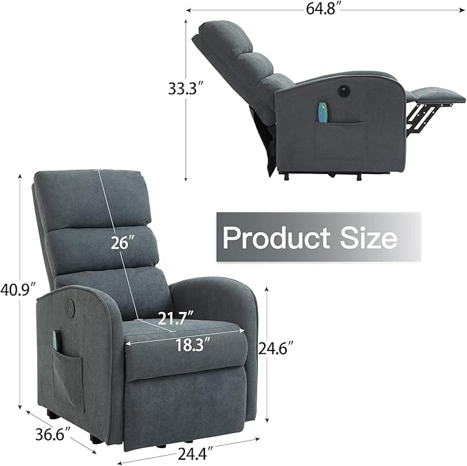 AVAWING Power Lift Chair with Heat and Massage for Elderly Fabric Electric Recliner Chair with Remote Control Side Pocket and USB Port for Living Room &amp Bedroom Grey