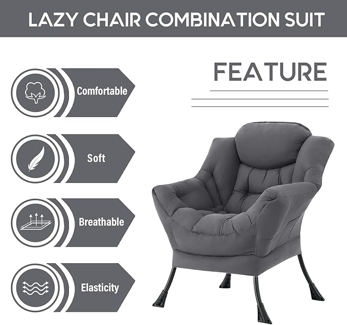 LITA Lazy Chair with Armrests and Side Pocket Modern Upholstered Accent Reading Chair for Living Room Bedroom Dorm Small Spaces Single Dark Grey