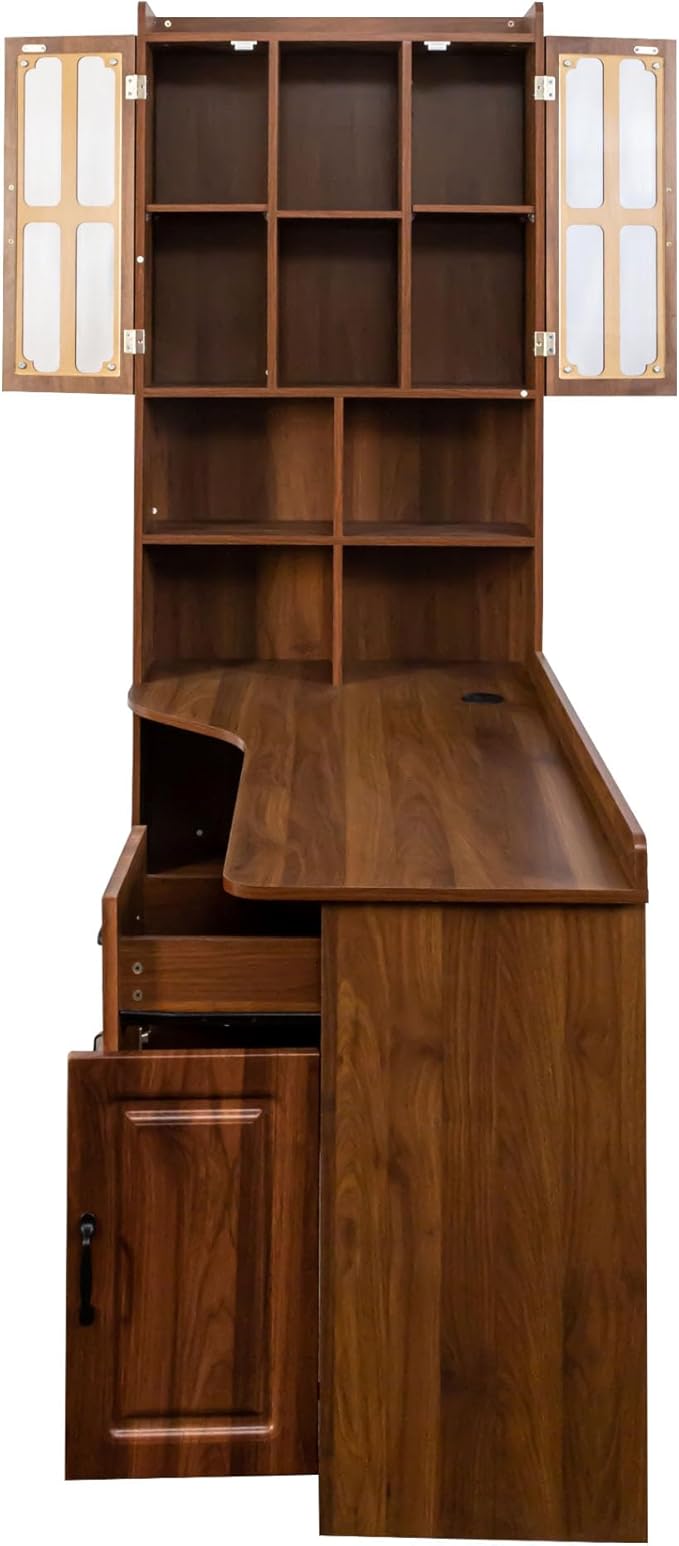 l Shaped Desk with Hutch &amp Drawers Small Corner Desks for Small Space Home Office Farmhouse Desk and Bookshelf Combo with Storage (Walnut)