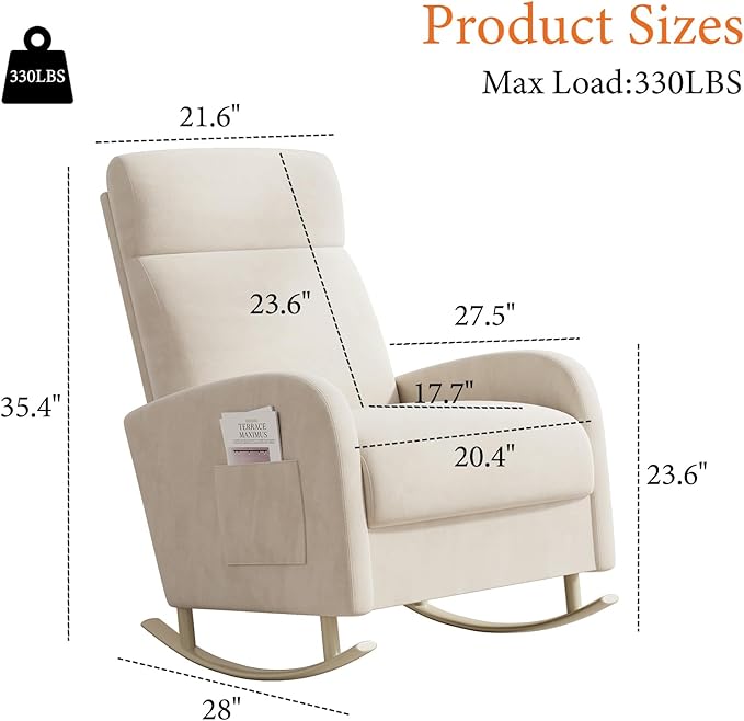 Rocking Chair Nursery Upholstered Glider Chair with Side Pocket Modern Nursery Chair with High Backrest and Rubber Metail Legs Accent Armchair for Living Room Bedroom Indoor (Beige Velvet)